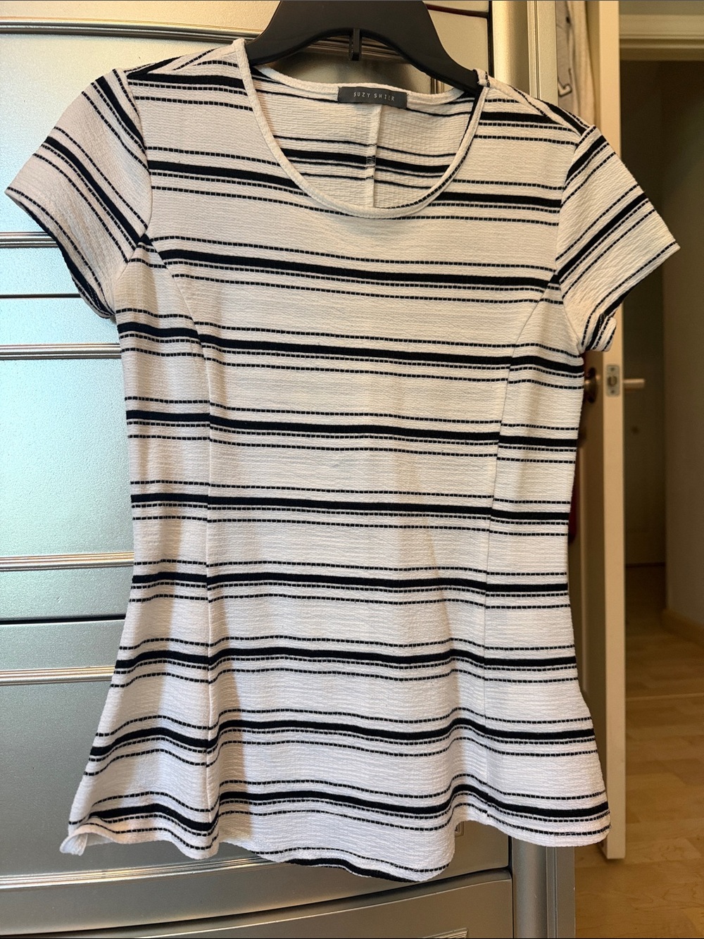 White and Black Striped Peplum Short Sleeve Tee
